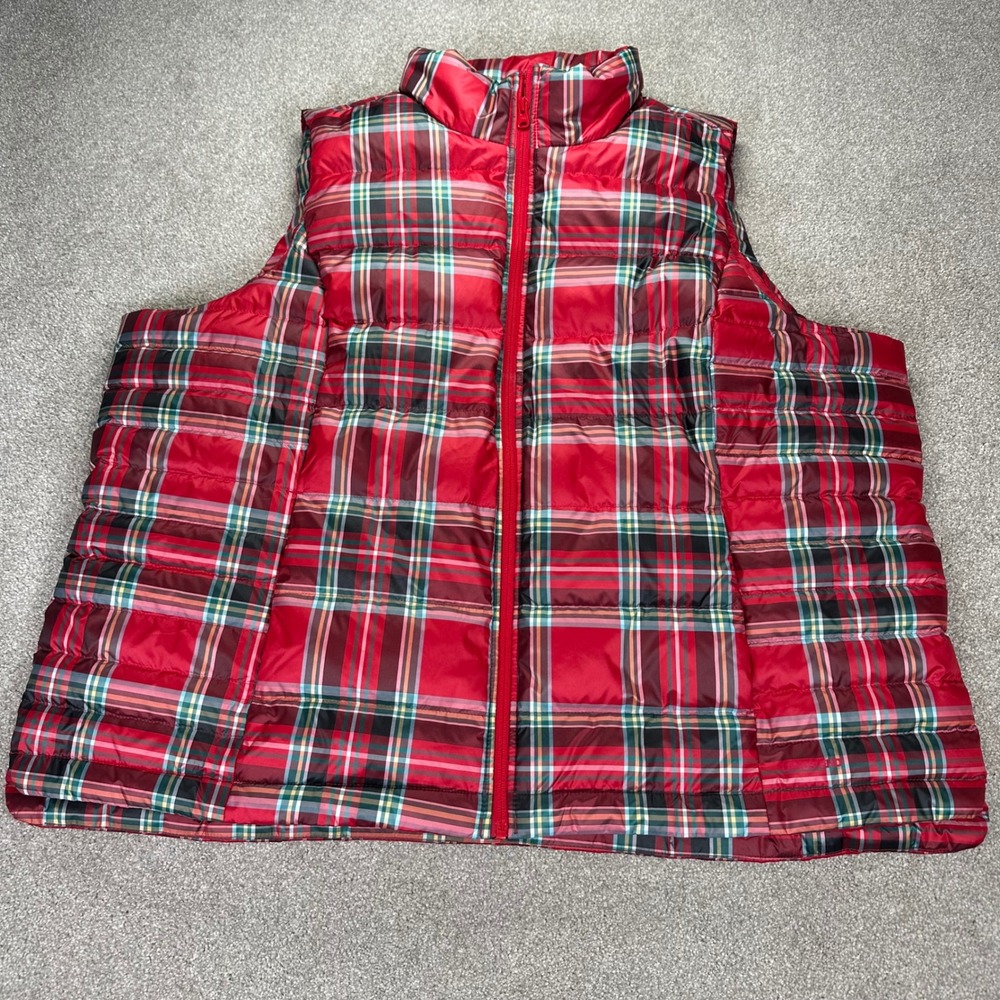 Lands' End Womens 2X Red Plaid‎ Down Puffer Vest Sleeveless Outerwear 20W-22W